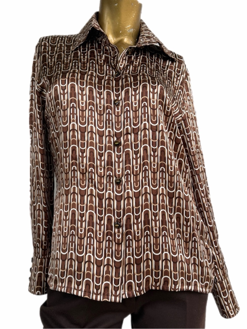 Escada 100% Silk Geometric Chain Print Blouse Brown Size 36, neutral colors